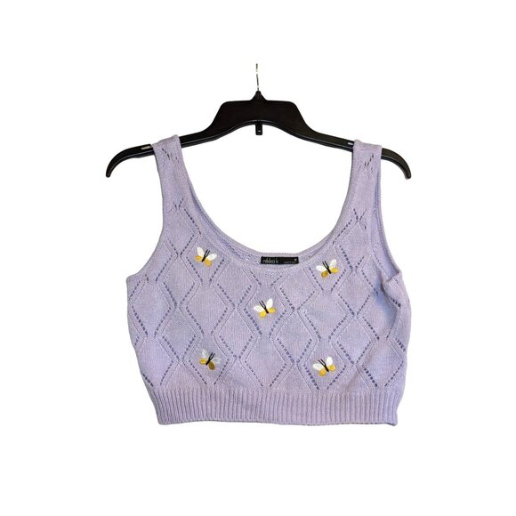 Lilac Crop Knit Tank Top With Embroidered Bees Diamond Pattern By Nikka k Size M - Picture 1 of 6